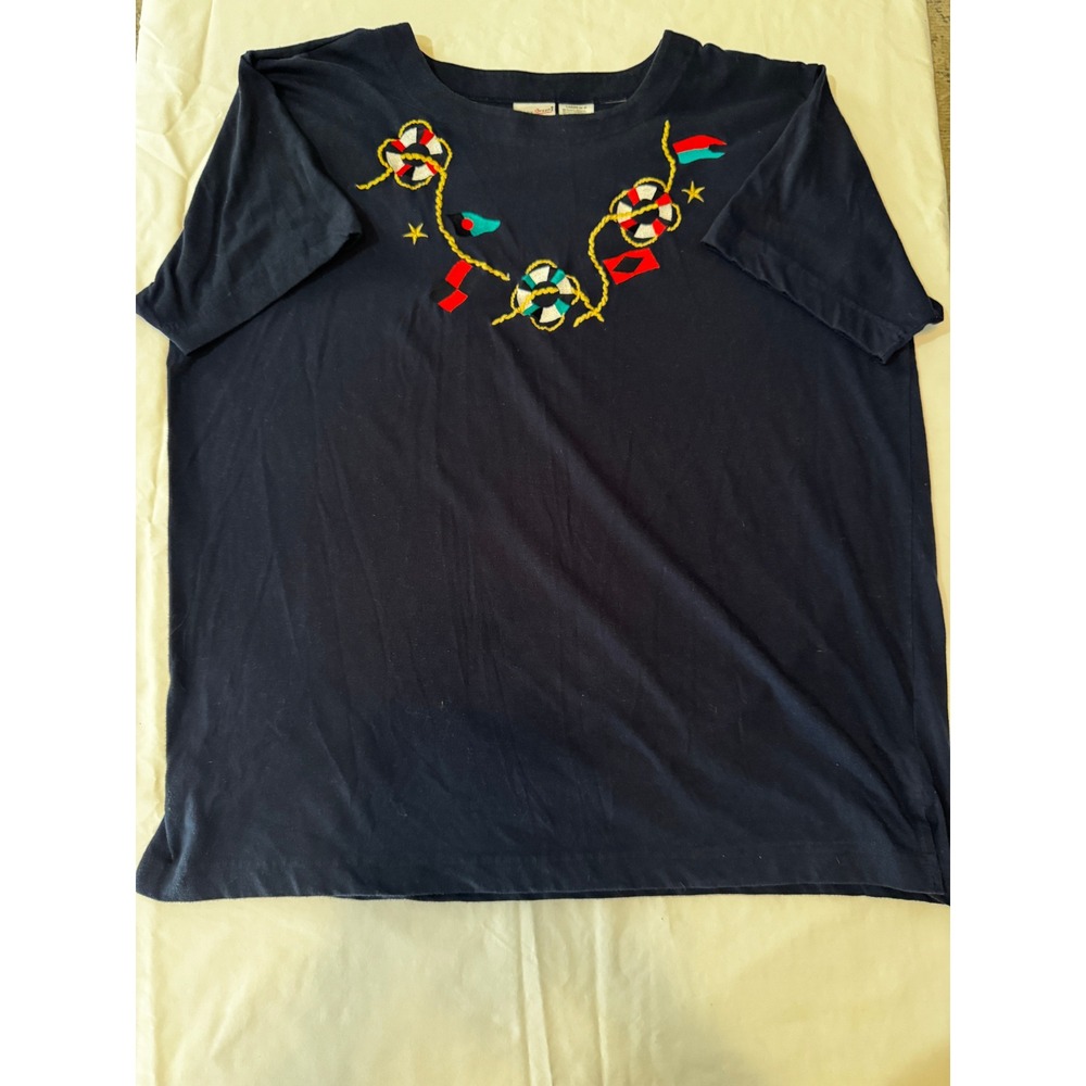 Vintage Nautical Embroidered Sailor Tee Coastal Grandma Maritime Cruise Top 20W